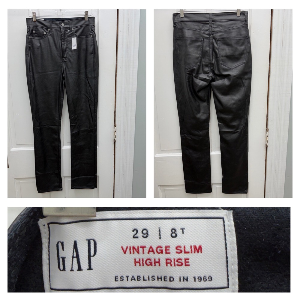 NWT Gap Vintage Slim High Rise Black Faux Leather Pants Women's 8 Tall Long